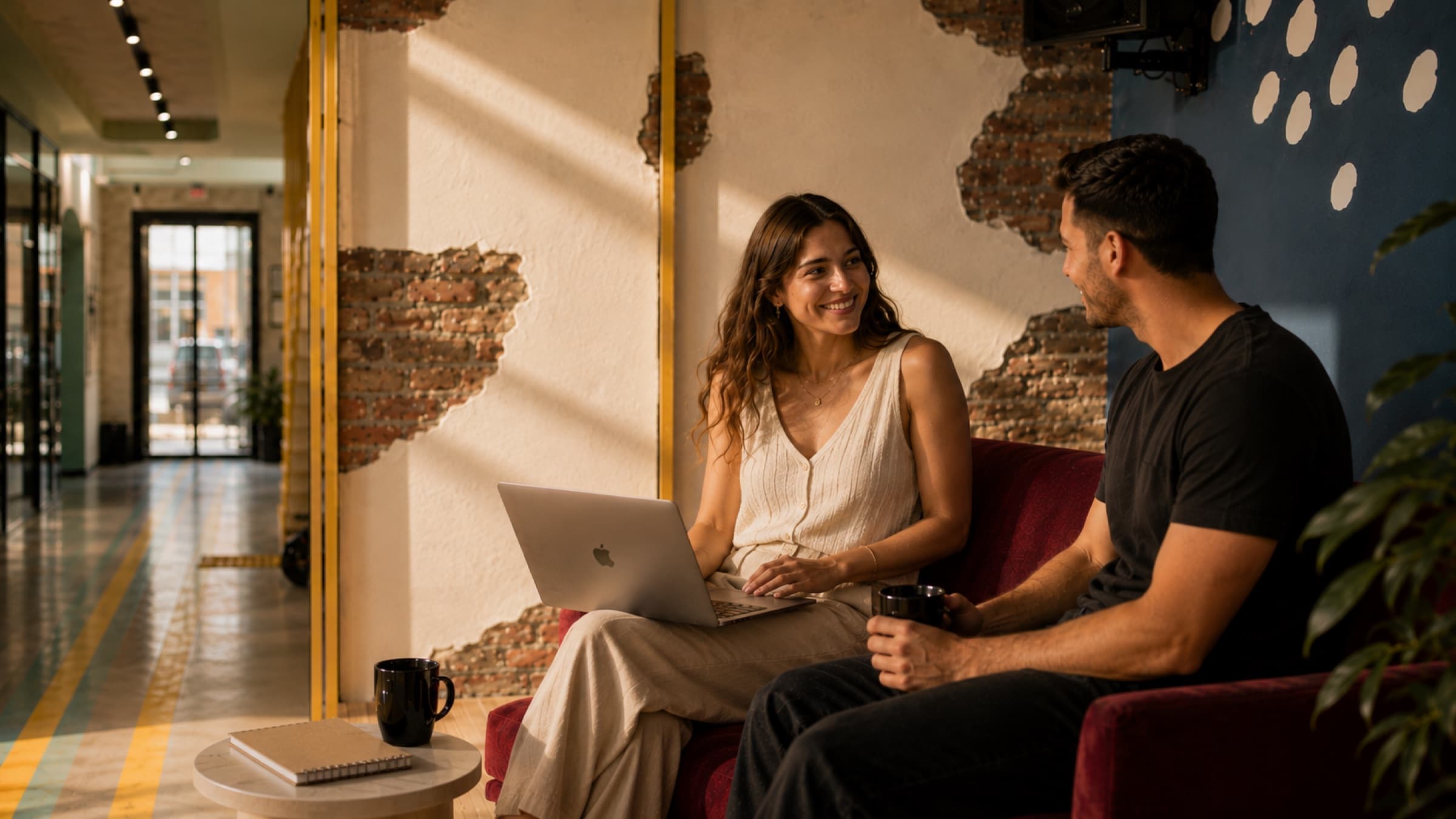 Two members talking over coffee on the red sofa in the tershouse corridor
