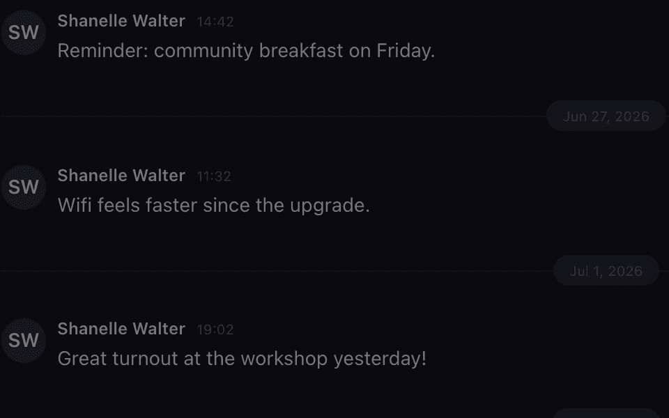 A direct message conversation in the backoffice chat with dated messages