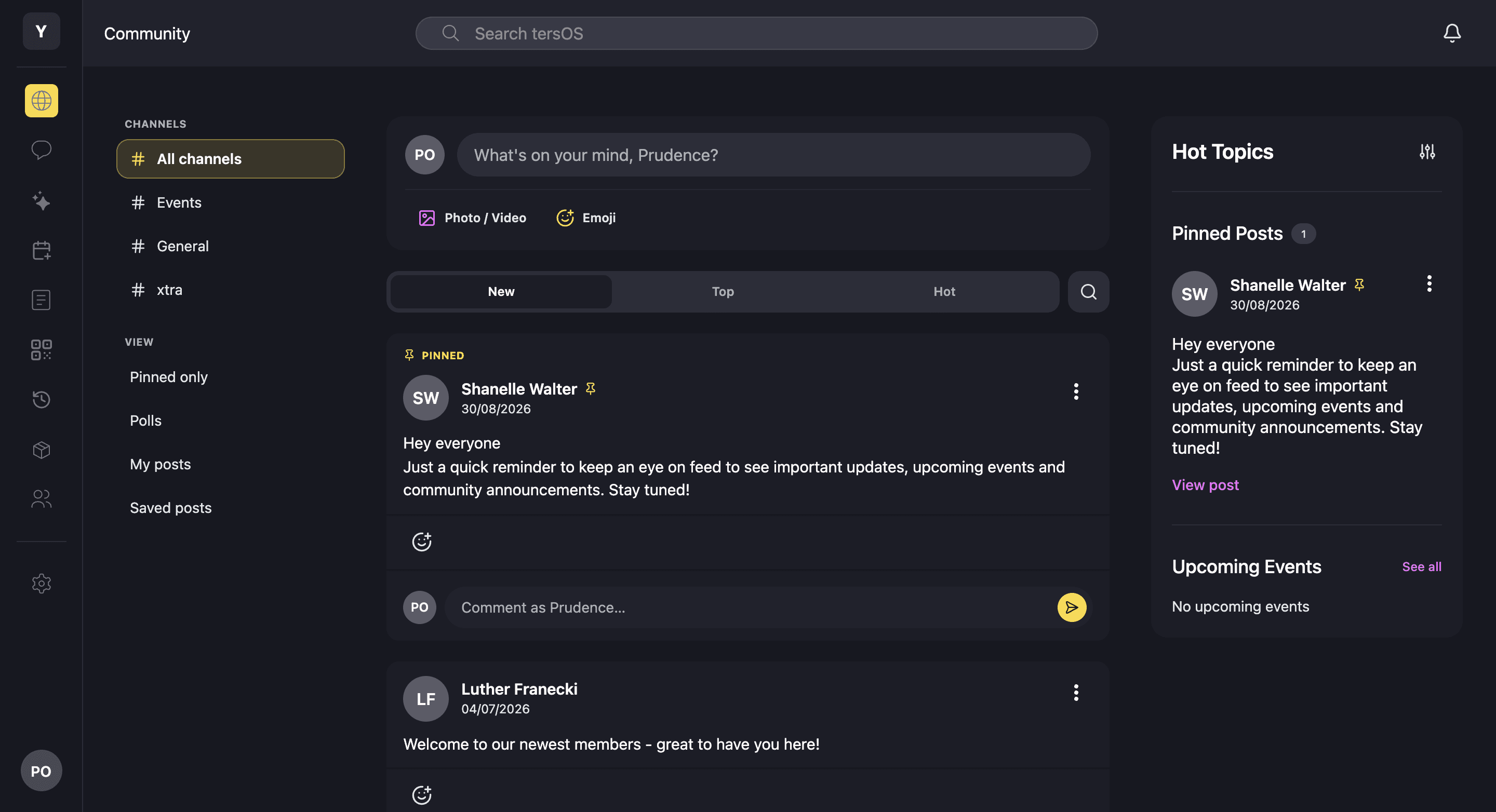 The community feed in the member app on the web, with the same channels, composer, pinned post and hot topics column