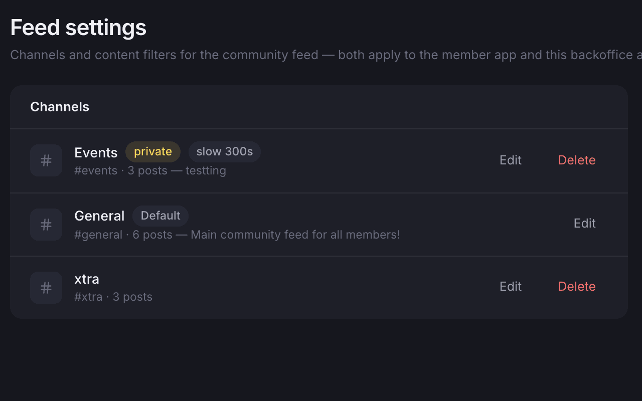 The channels card in the backoffice feed settings, listing three channels with their badges