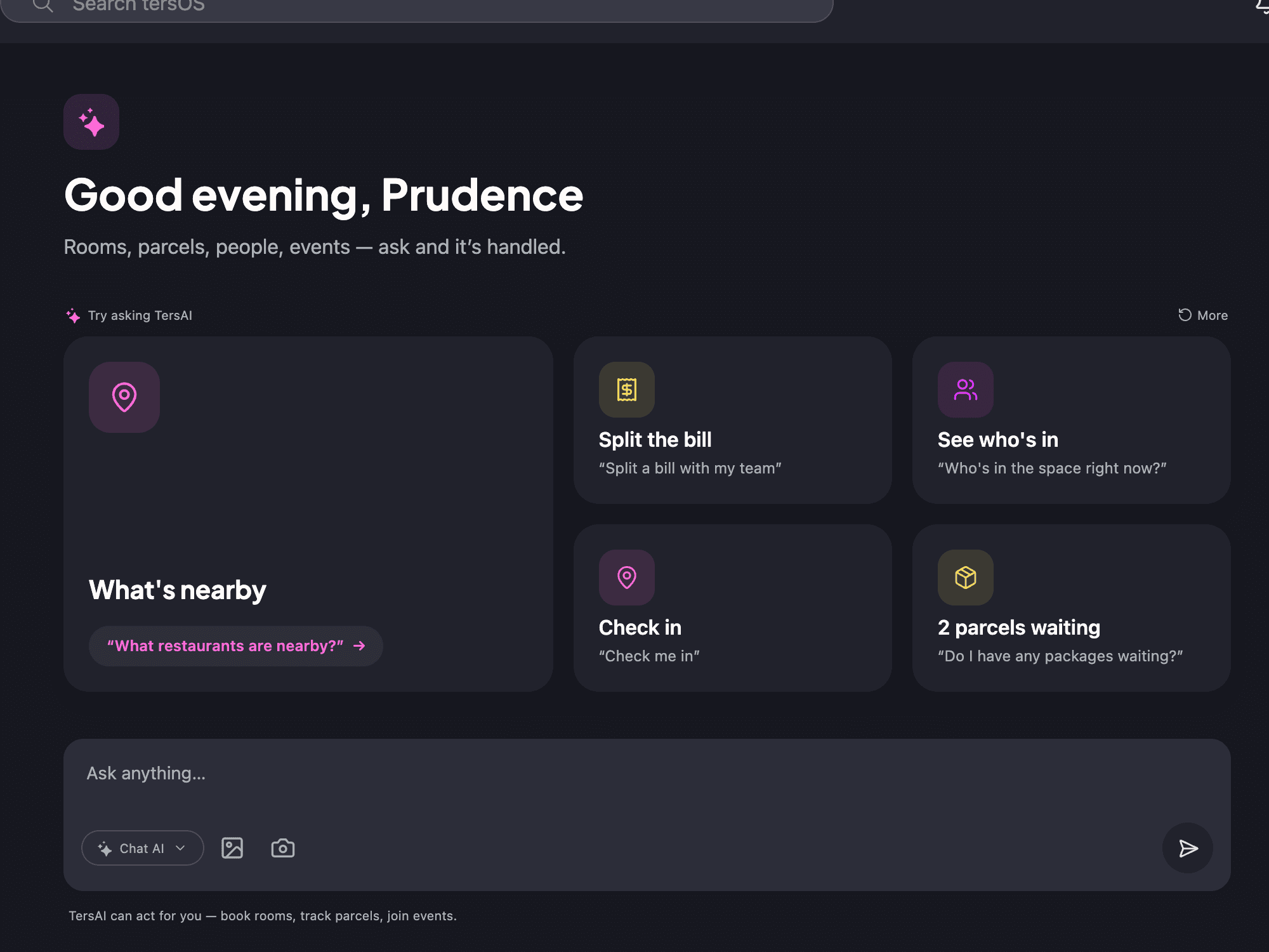 The tersAI home screen in the member app with its suggestion cards and the composer