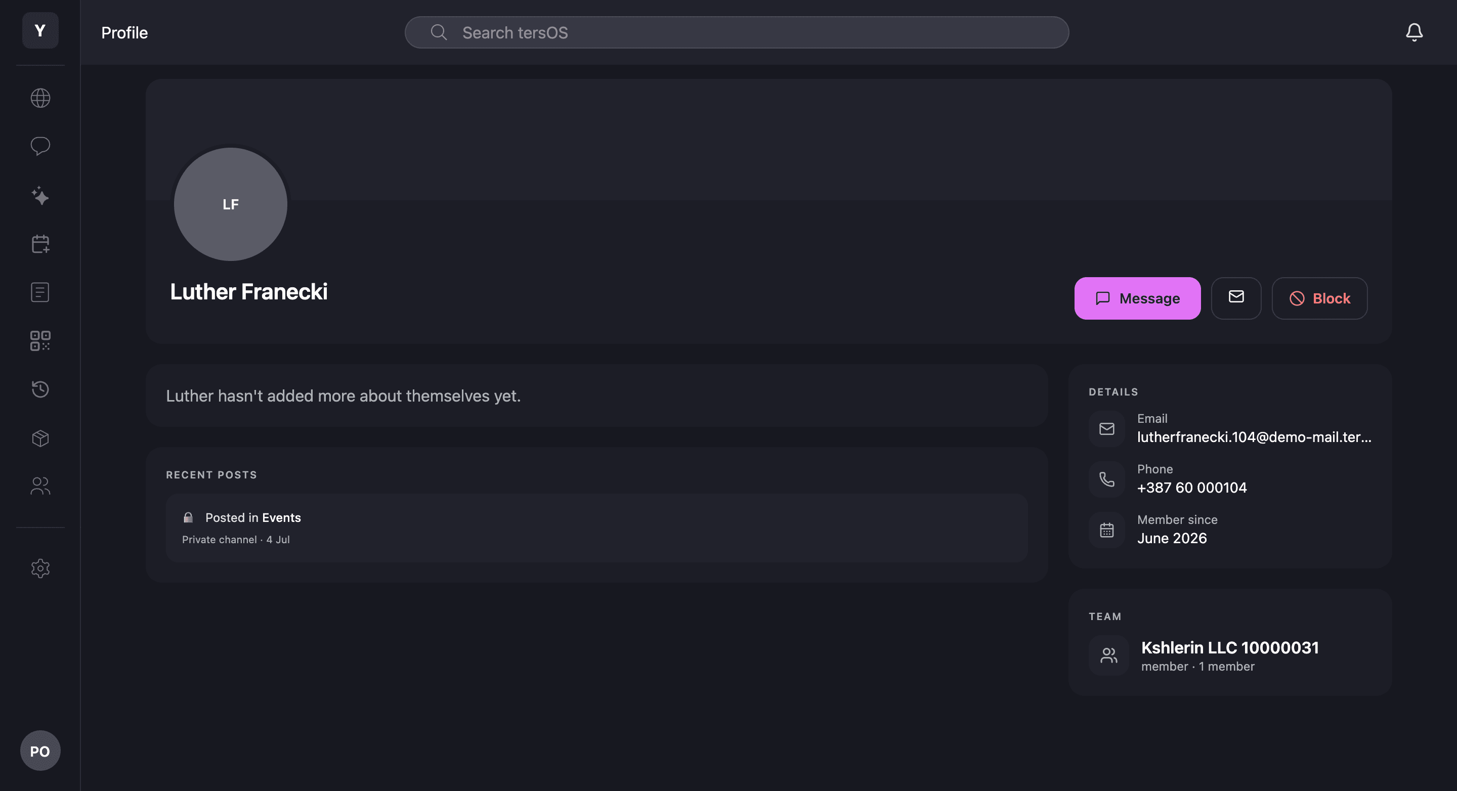 A member’s profile in the member app on the web: name, Message, email and Block buttons, recent posts, details and team