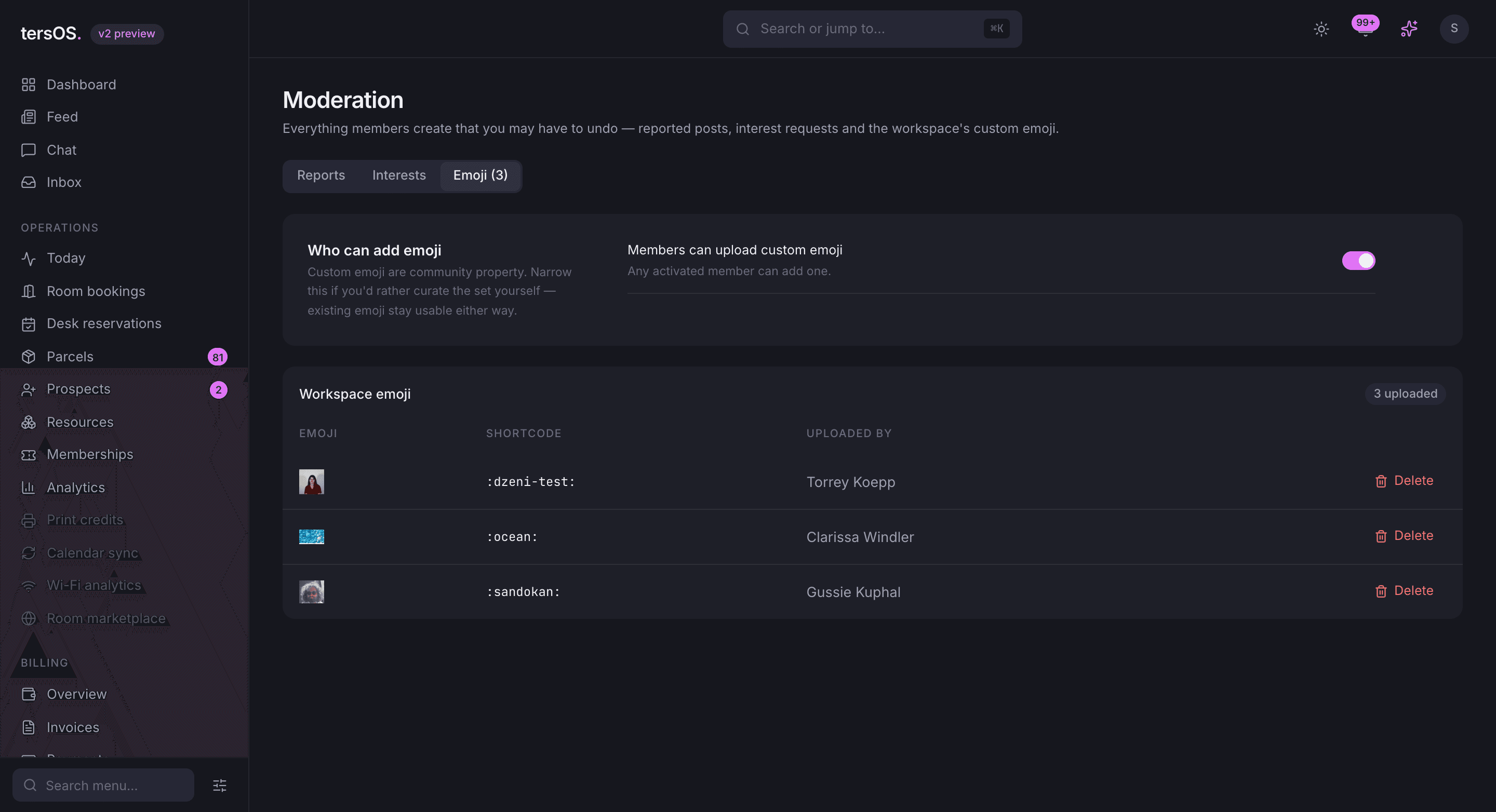 The moderation hub in the backoffice on the Emoji tab: the upload policy toggle and the workspace emoji table with shortcode and uploader