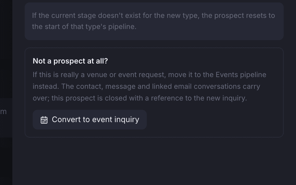 The reclassify panel with the option to convert the prospect to an event inquiry