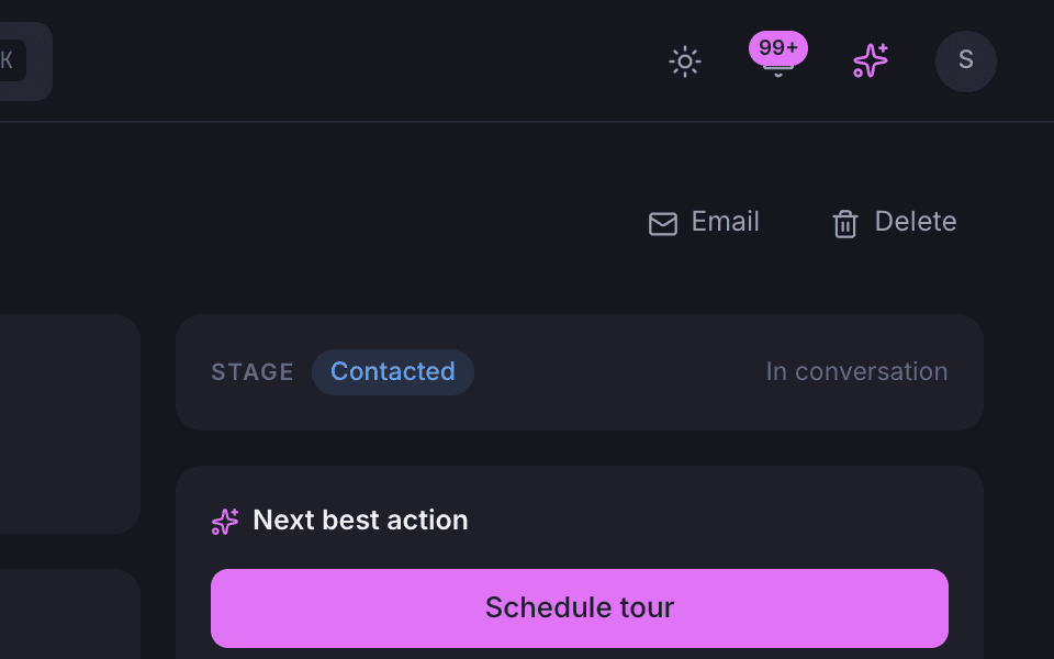 The Email and Delete actions at the top of a prospect record