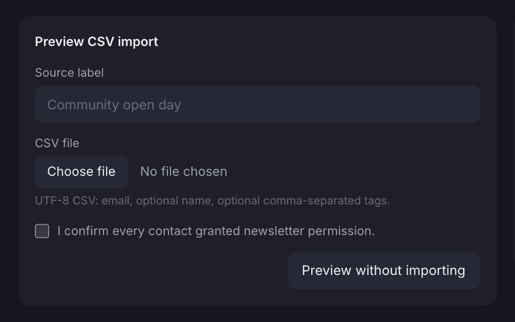 The CSV import form on the Imports tab with the consent checkbox