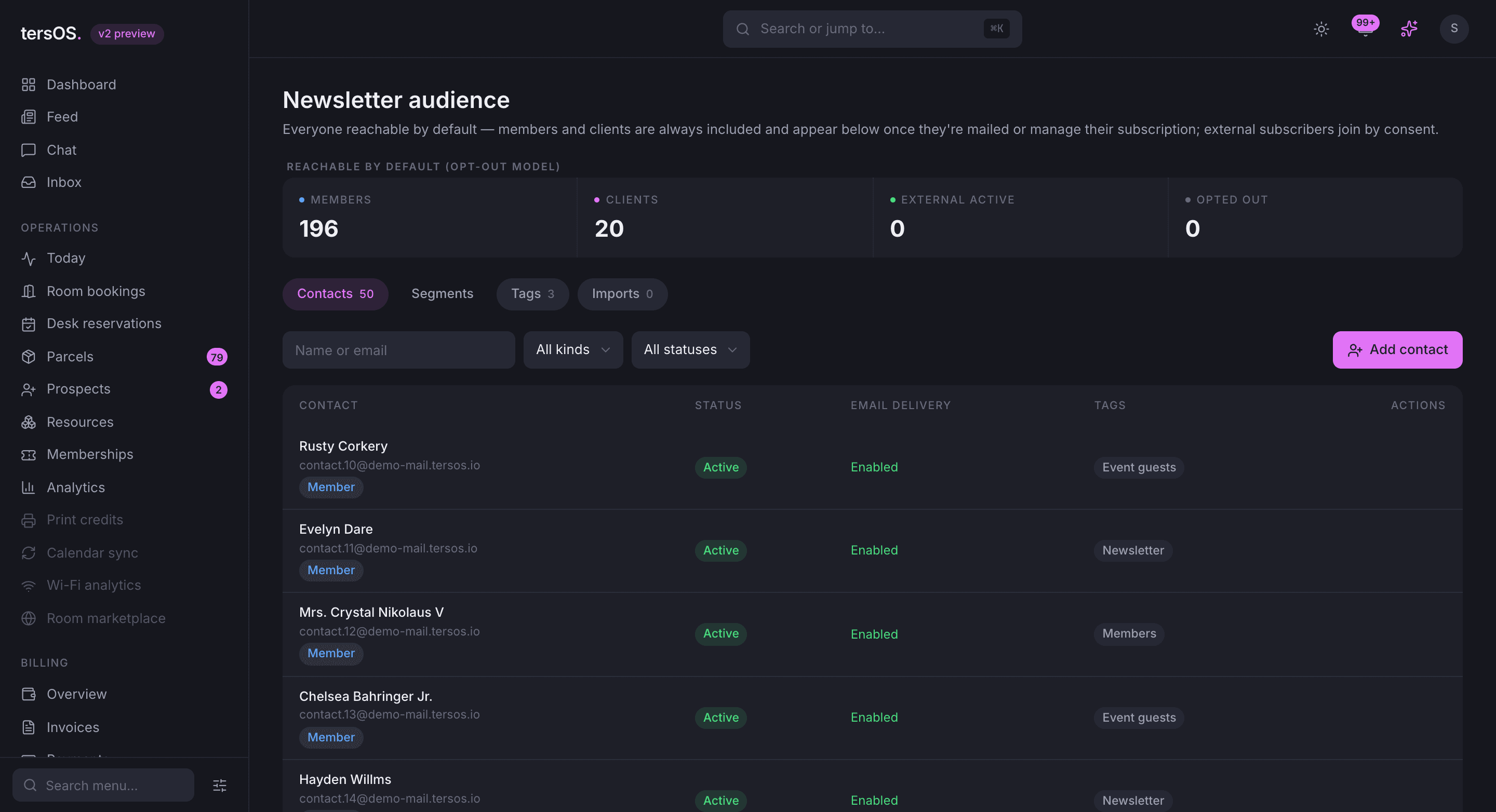 The Newsletter audience page: counters for members, clients, external and opted out, then the contacts list
