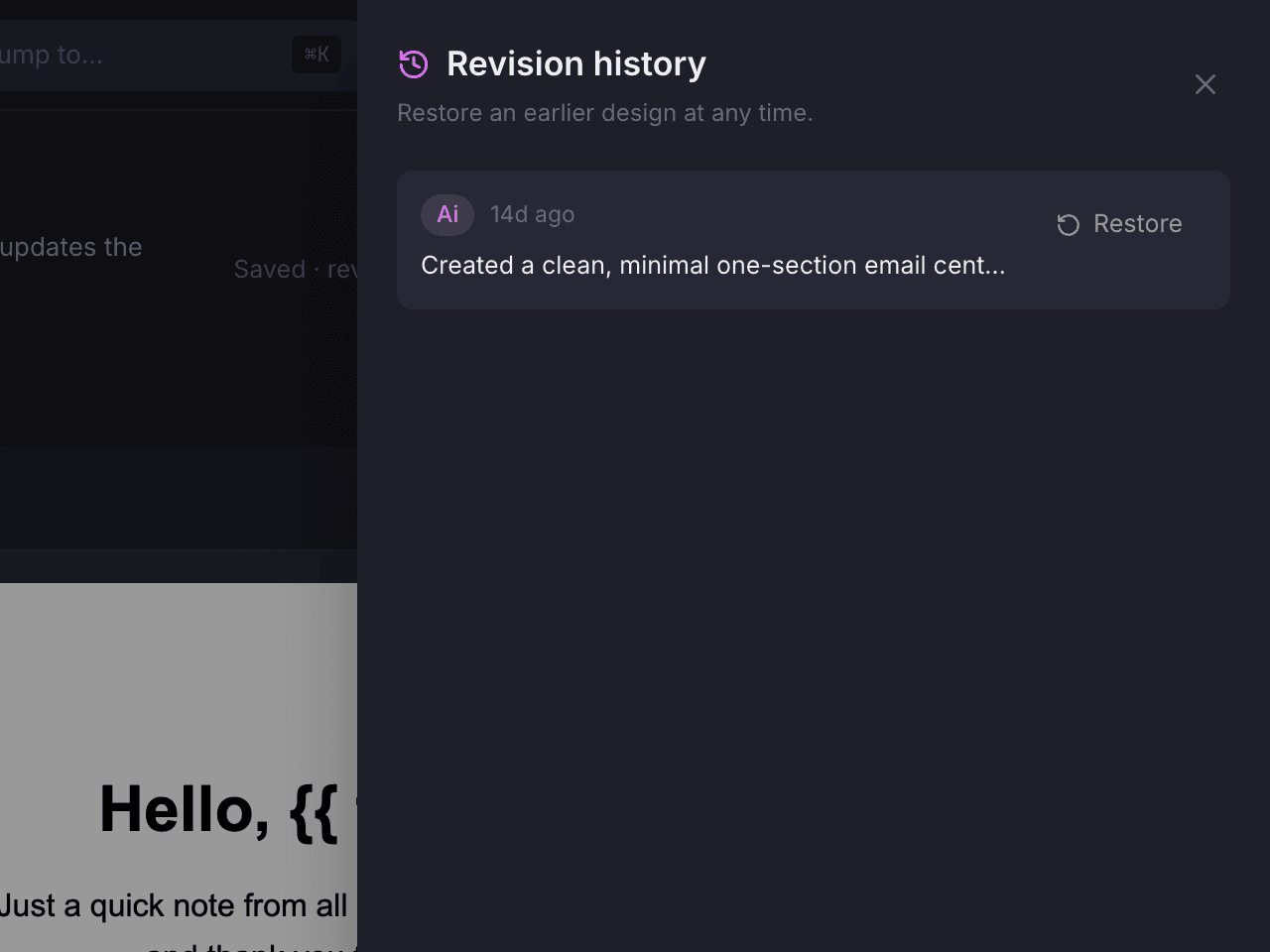The revision history drawer over the studio: the assistant’s revision with its note and a Restore button