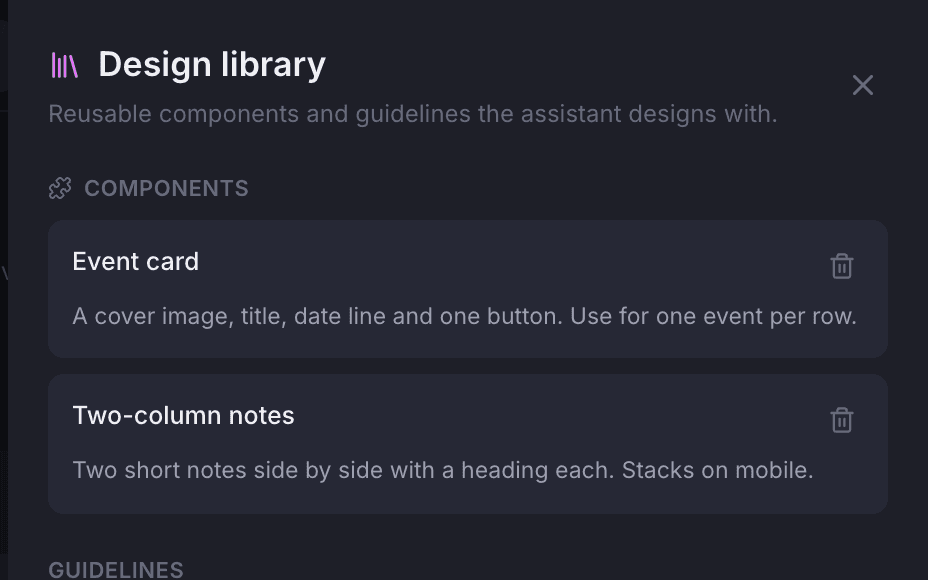 The Design Library drawer with its components and guidelines sections