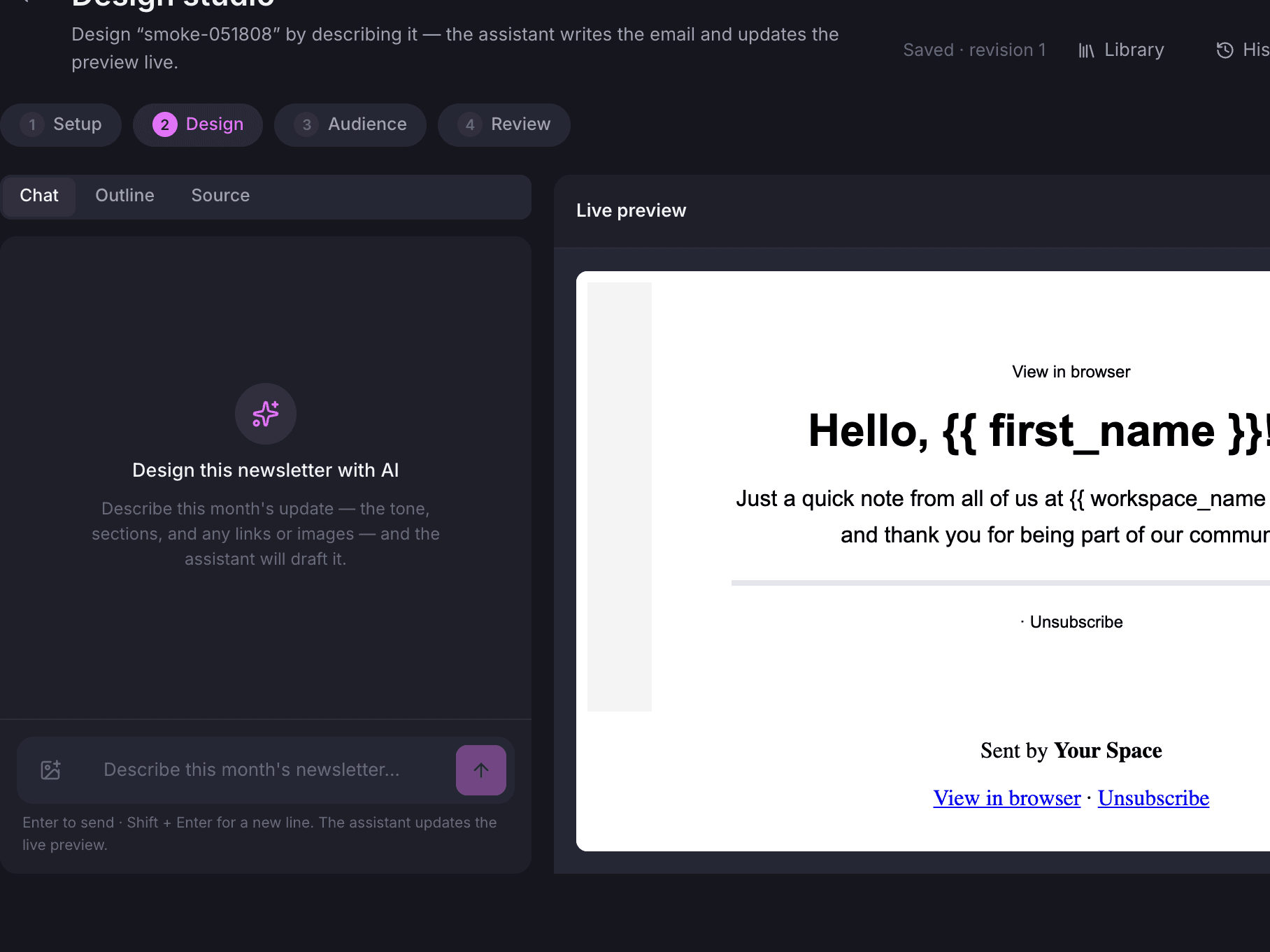 The design studio: chat pane and live preview