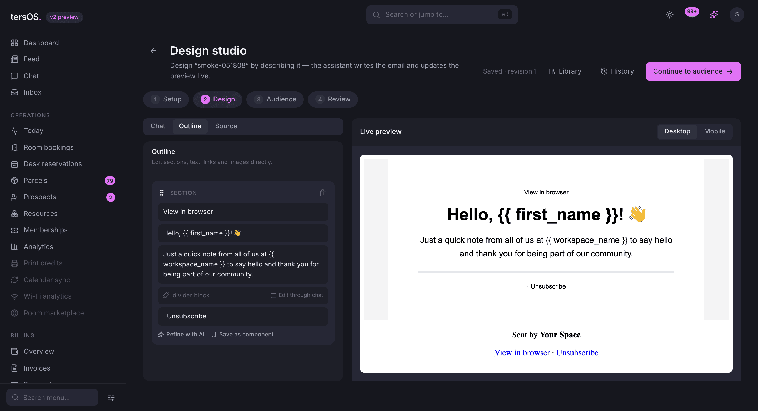 The Outline tab of the studio: the sections of the design as editable blocks beside the live preview